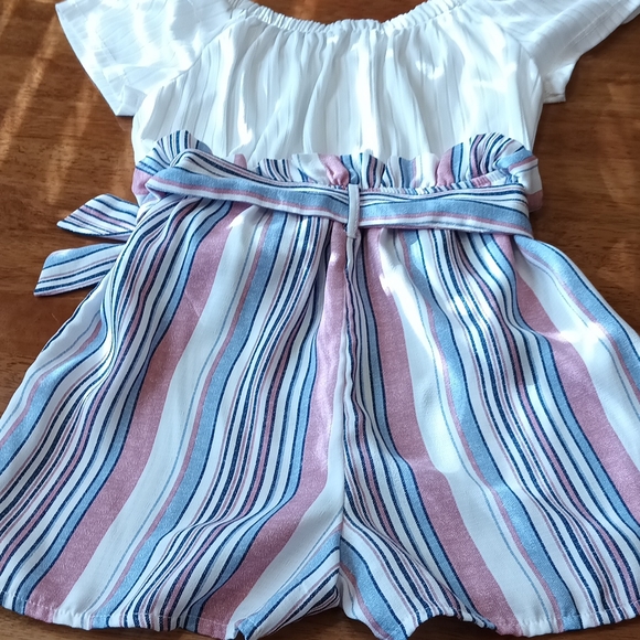 little girls shorts jumpsuit Sz 8 pink /blue striped ruffle elastic waist| Rompe - Picture 8 of 10